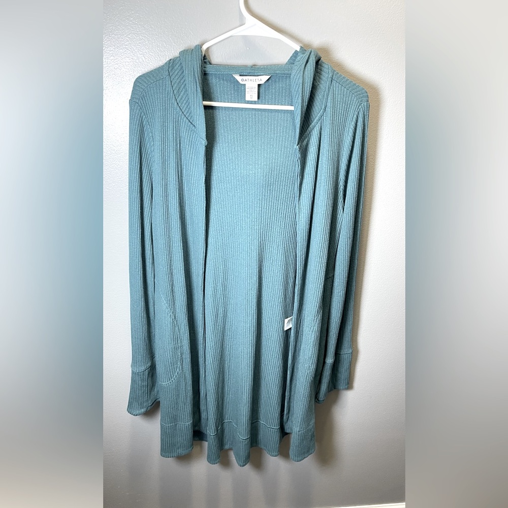 Athleta Cardigan Women's Teal Long Sleeve Open Front Hooded Pockets Knit Size XS
